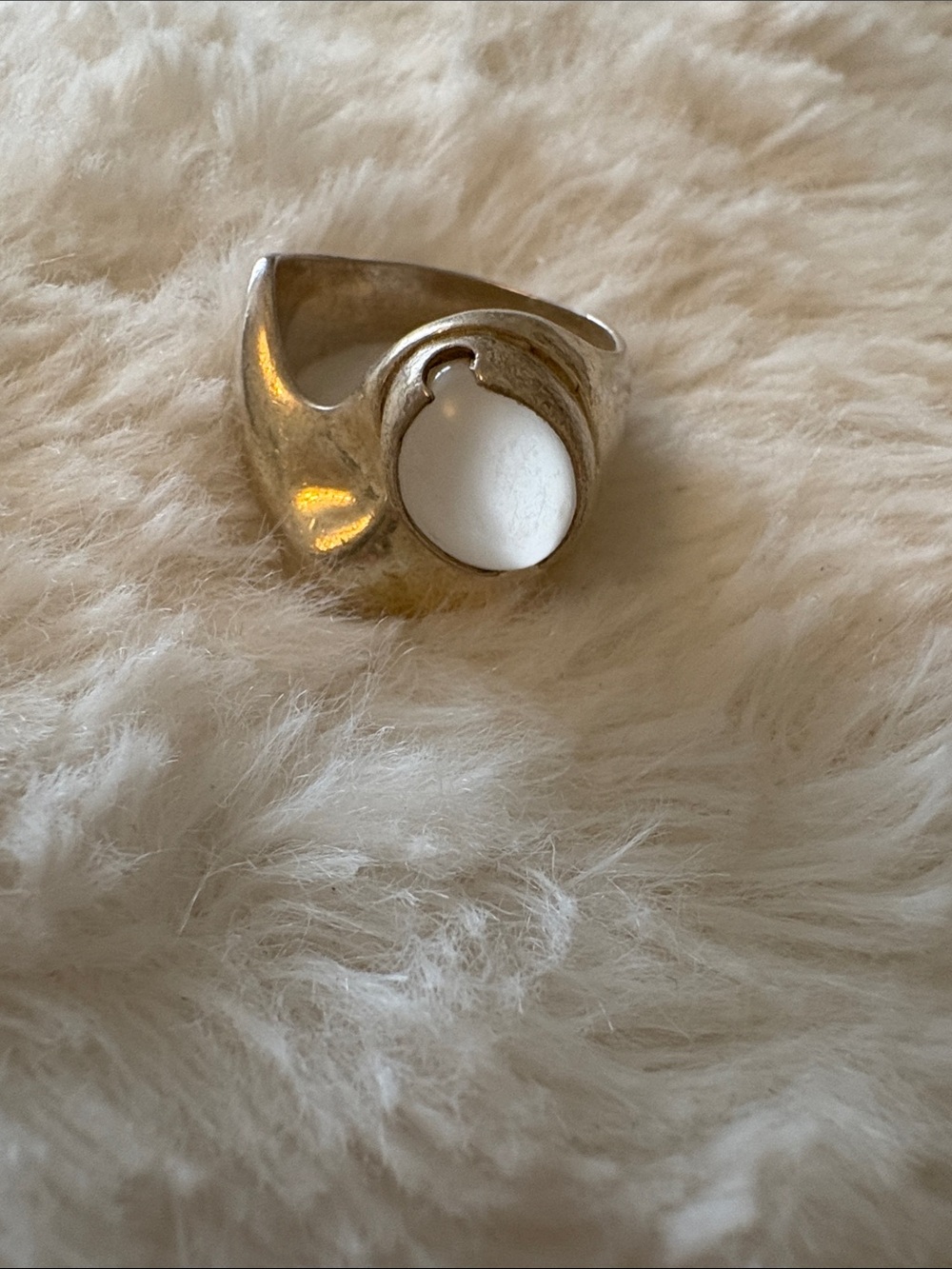 Chunky Silver Tone Signet Ring with White Stone